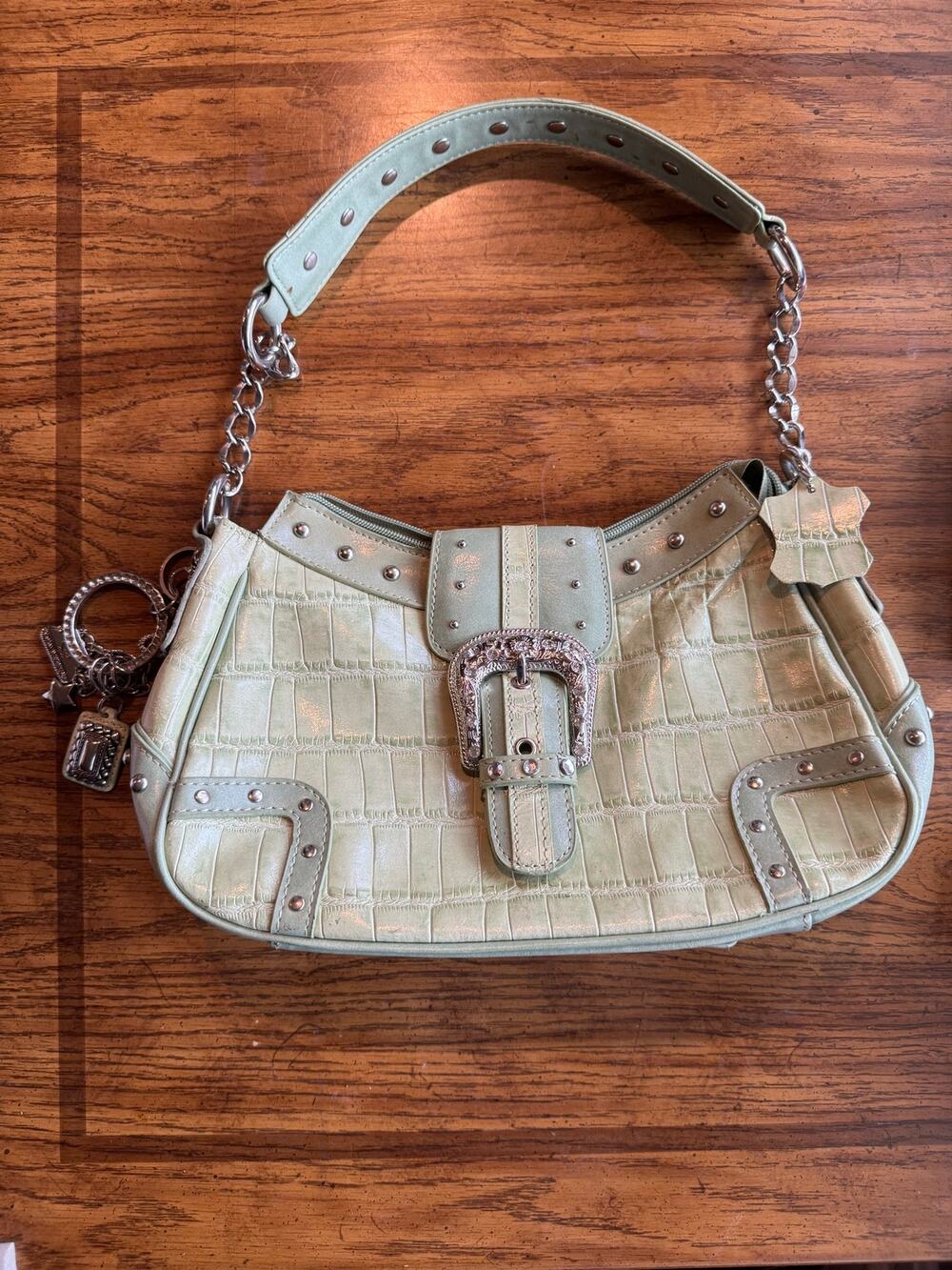 T.L.C Sage Green Croc Embossed Shoulder Bag | Rhinestone Western Buckle Studded